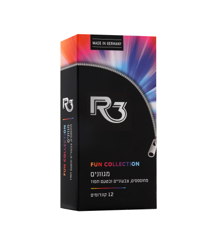 R3 FUN COLLECTION - קונדומים מגוונים מחוספסים, צבעוניים ובטעם תפוז (12 קונדומים)