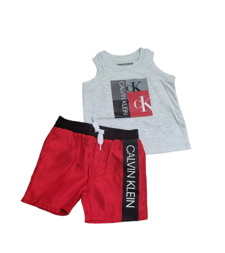 חליפת מכנס Calvin klein בייבי גופייה אפורה לוגו מקדימה מכנס אדום