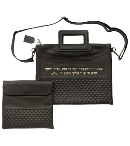A luxurious tallit bag in imitation leather, black, embossed letters 