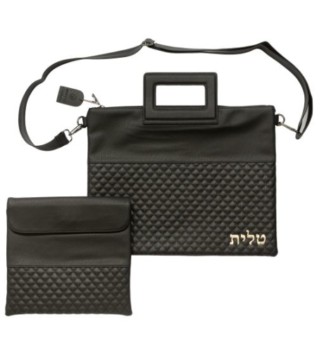 Luxurious tallit bag in imitation leather, black embossed letters 