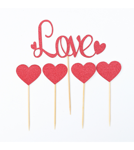 סט קיסמים 4 + LOVE לבבות אדום גליטר