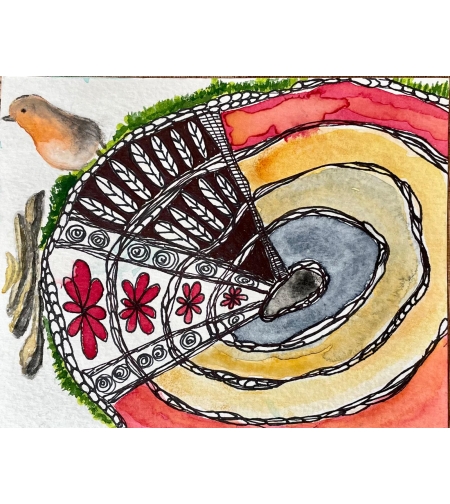 ציור מקורי - קן לציפור בליבת העץ - 12.5X15.5 ס