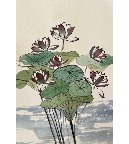 ציור מקורי - פרחי הלוטוס על המים - 20X30 ס
