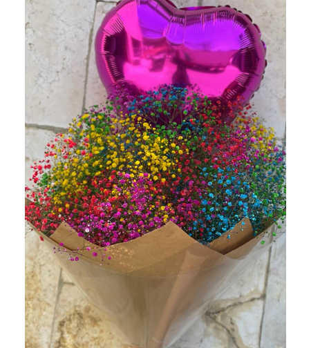 Colorful cloud: a bouquet of colorful gypsophila + a helium balloon