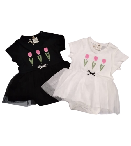 בגד גוף שמלה פרחים (לבן/שחור) 3-24M תינוקות בנות