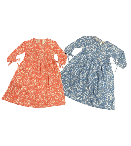שמלה קיץ מדוגמת פרחים שרוול 3/4 (כחול/אפרסק/אופוויט/ירוק) 4-12 בנות