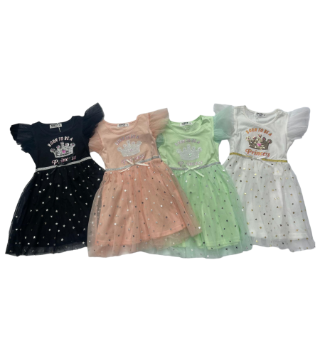 שמלת טול בנות מדוגמת כתר 2-12 (לבן/ירוק/אפרסק/שחור)