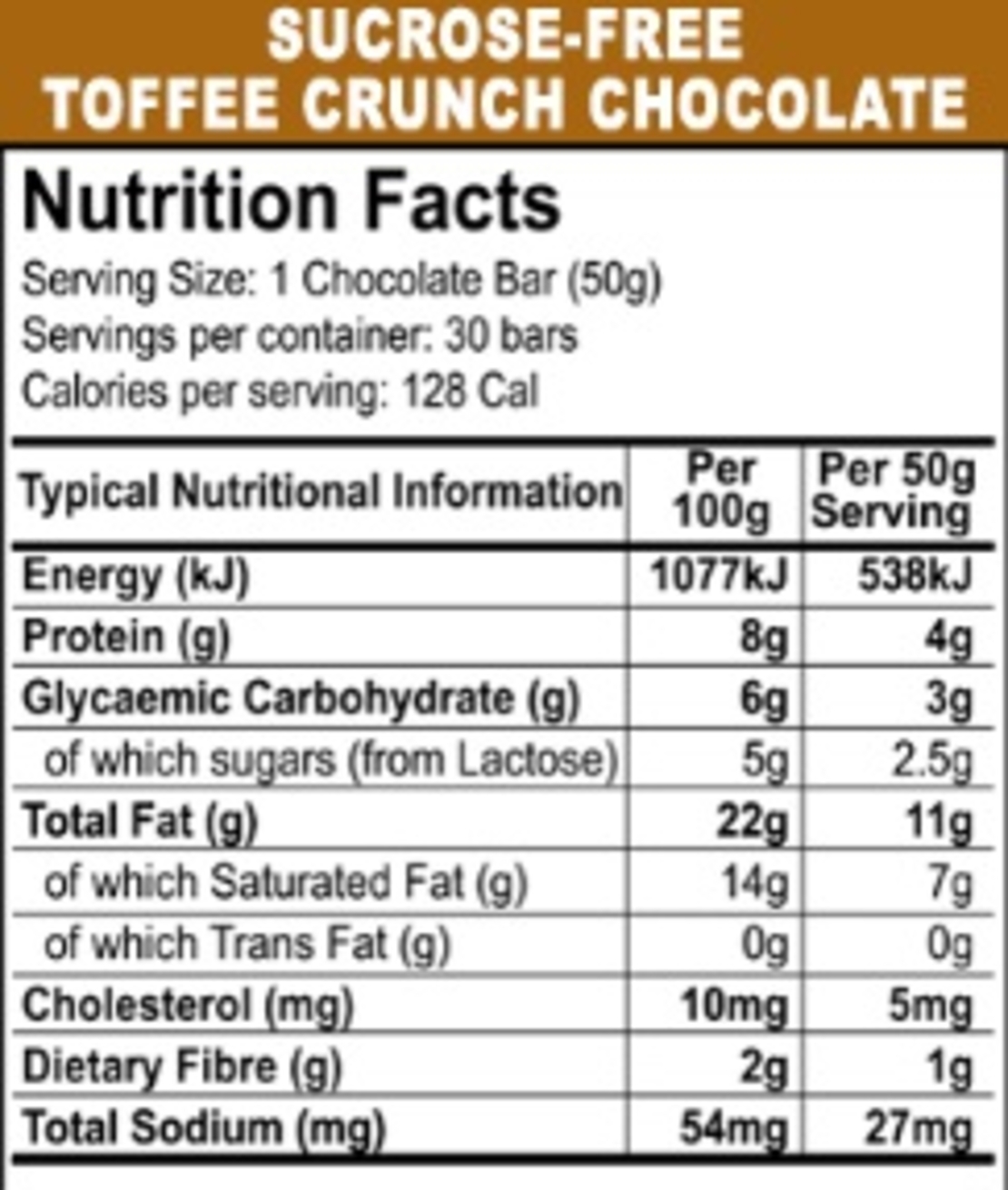 Sugar Free 30% Milk Chocolate with Toffee Crunch 50g