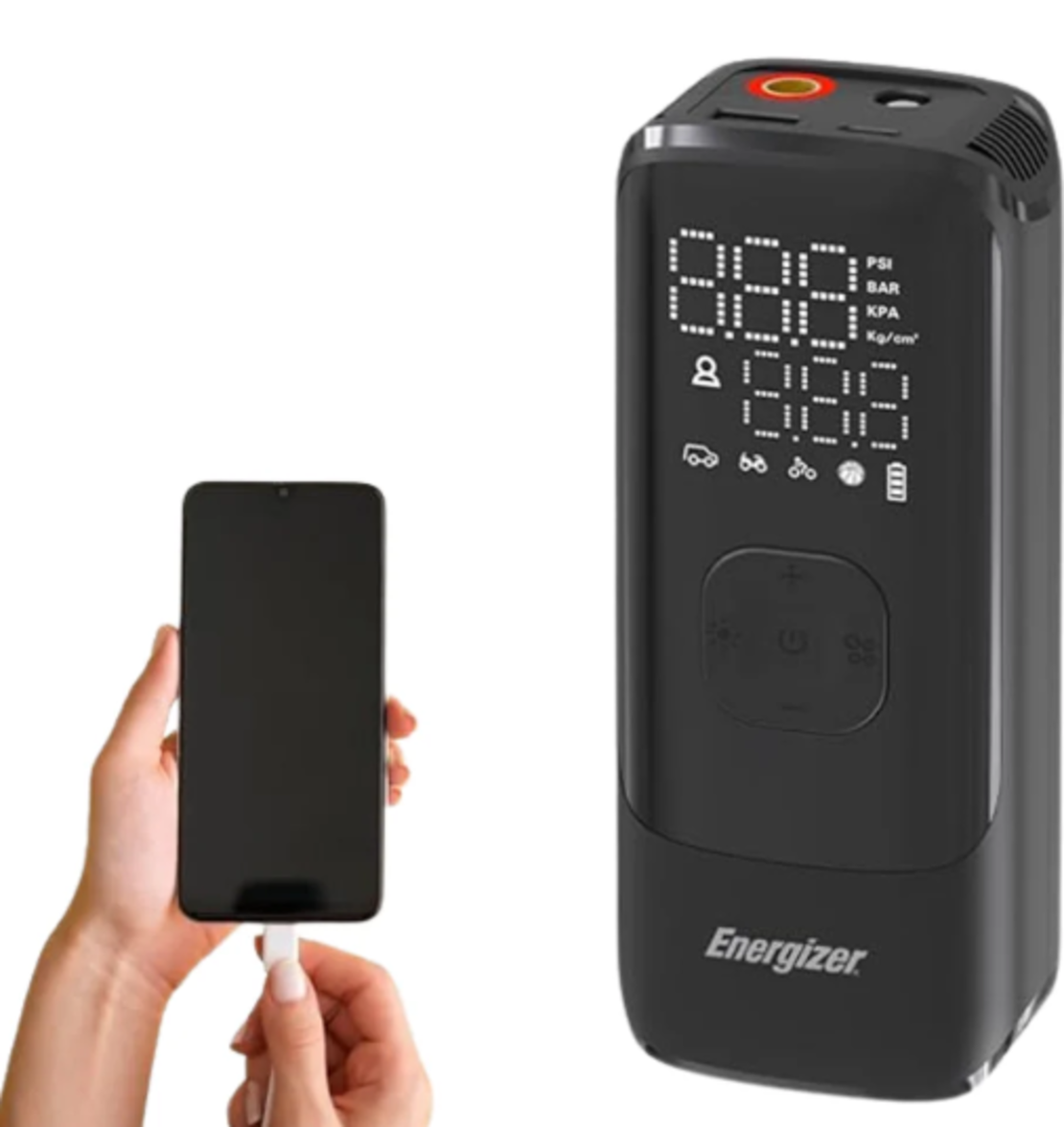 משאבת אוויר נטענת כוללת סוללת גיבוי ופנס Energizer