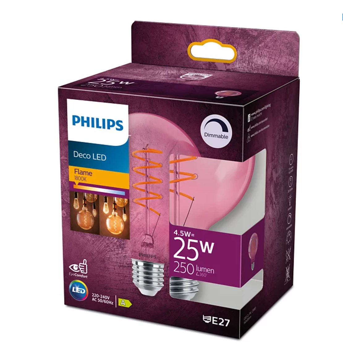 נורת לד גלוב 95 פילמנט ורוד 4.5W לעמעום PHILIPS