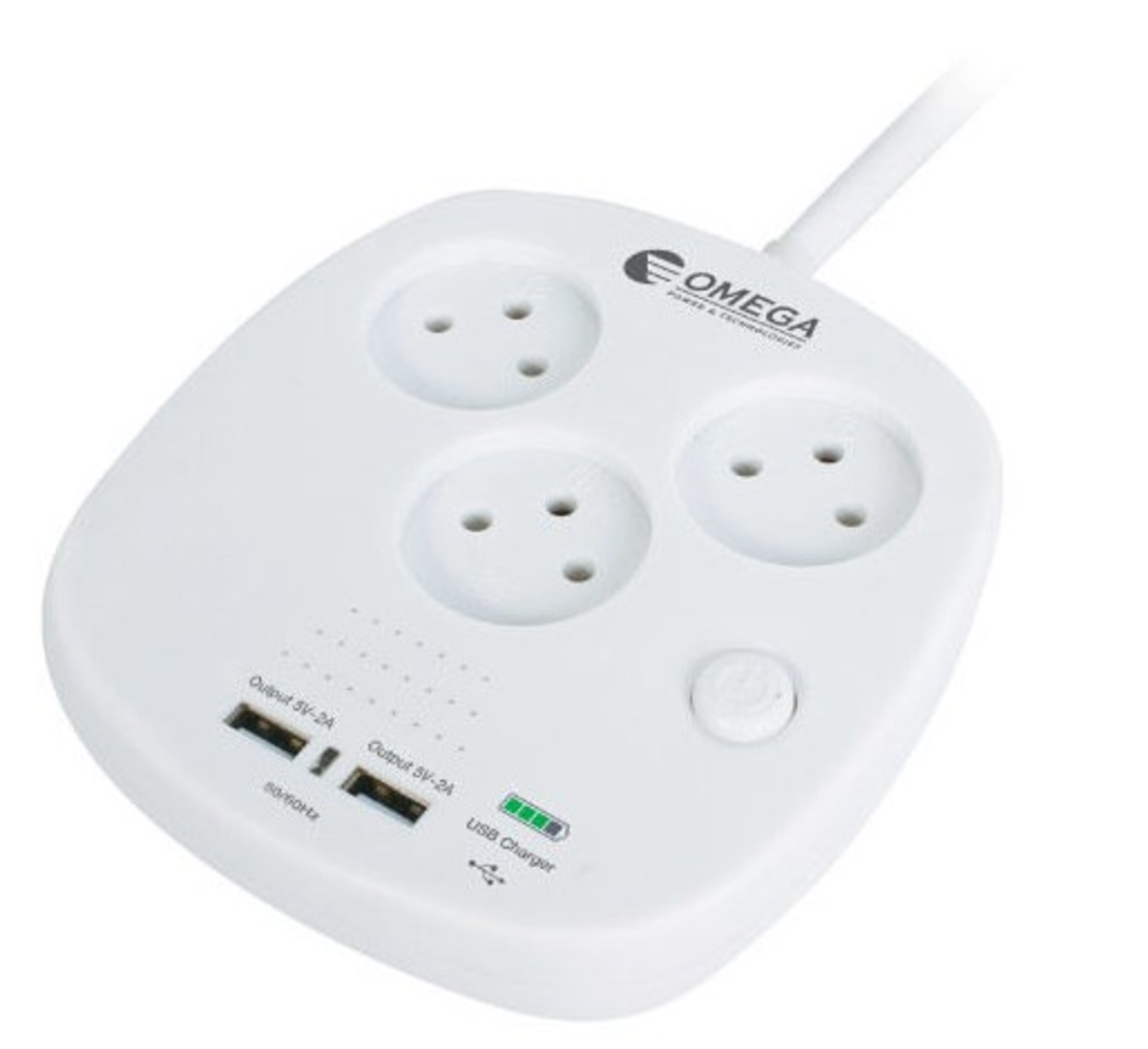 מפצל שולחני 3 שקעים + 2 מטעני USB 2A
