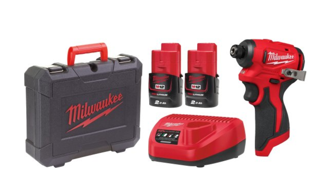 מברגת אימפקט 12V + זוג סוללות 2Ah + מטען + ארגז נשיאה Milwaukee