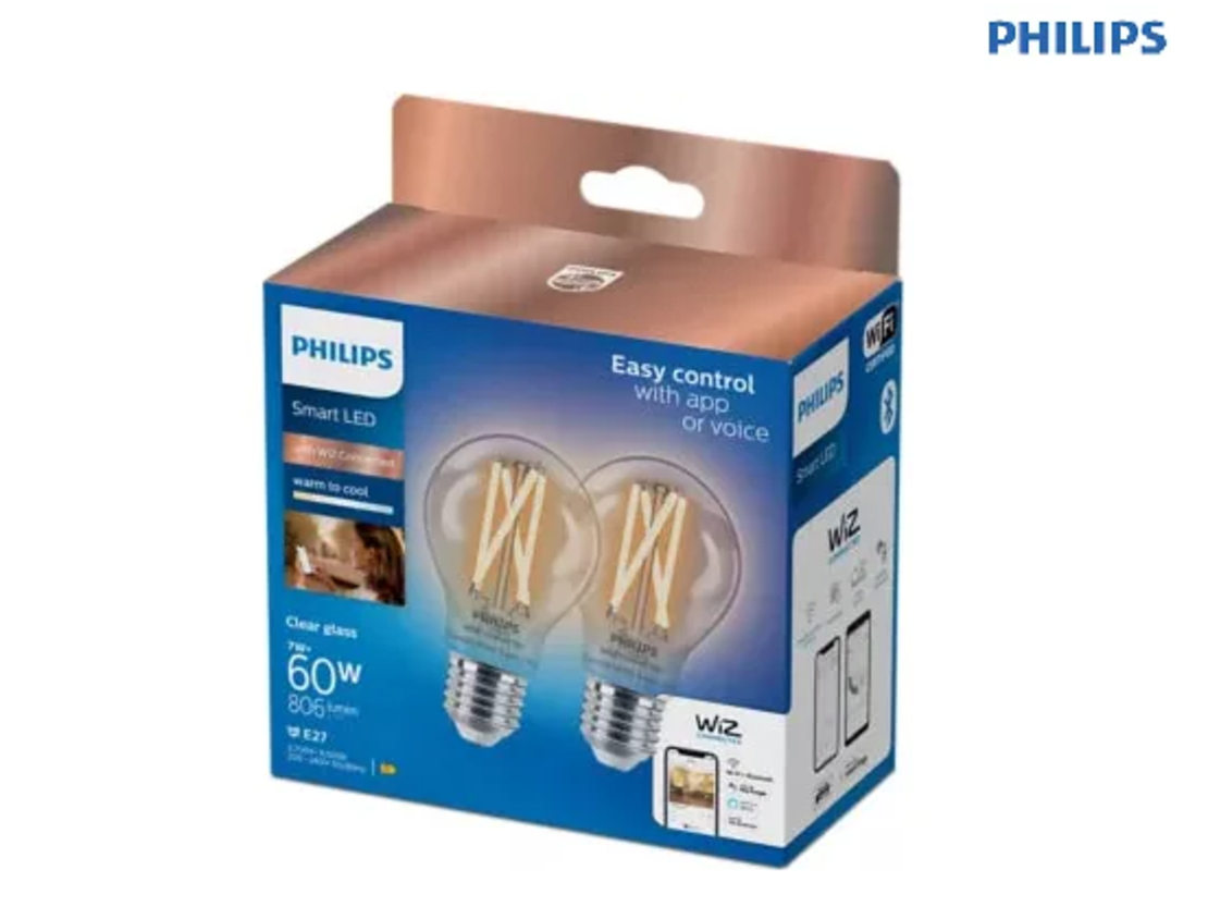 מארז 2 נורות חכמות שקופות Philips Smart LED Filament A60 7W