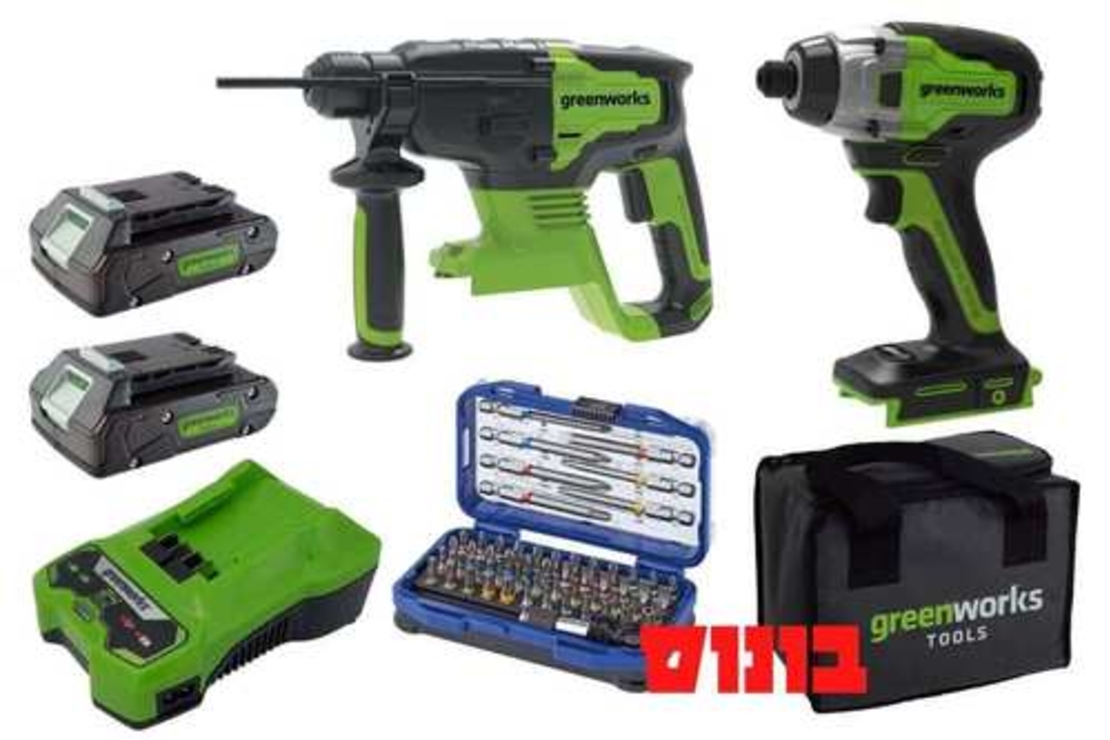 פטישון + מברגת אימפקט נטענים greenworks 24V