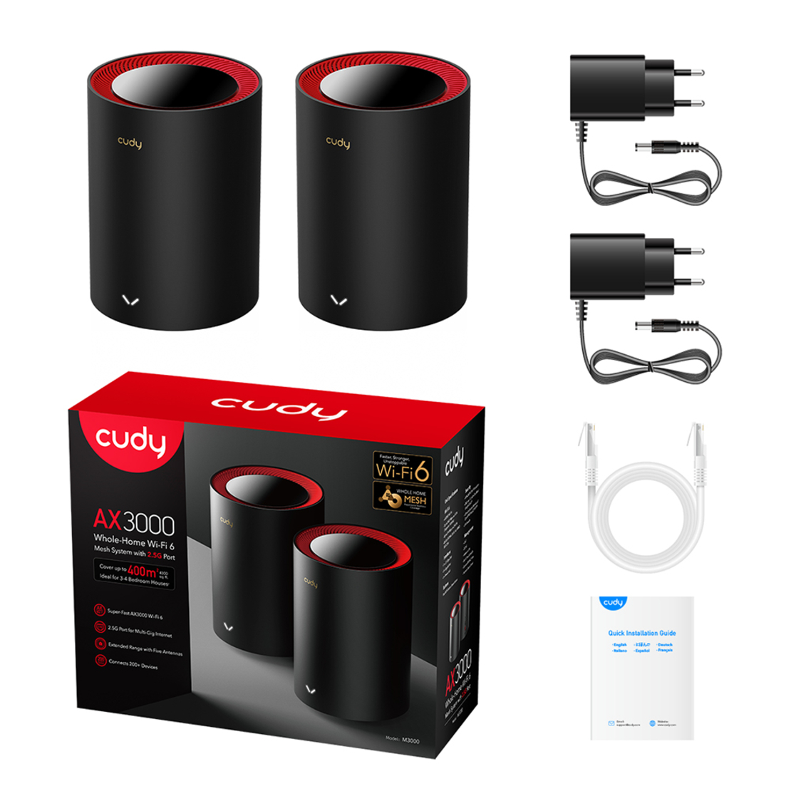 מארז שני מגדילי טווח CUDY M3000 AX3000 2.5G Dual Band Wi-Fi 6 Mesh