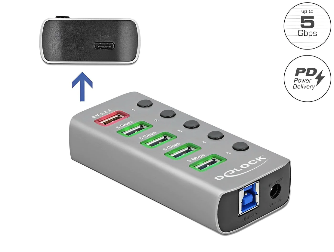 מפצל USB HUB מקצועי USB 3.2 Gen 1 PD עם 4 כניסות USB-A תומך בטעינה מהירה 5/12 וולט Delock