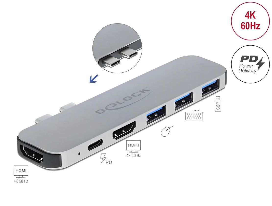 תחנת עגינה Thunderbolt™3 4K עבור MacBook ל- 2 מסכים בו זמנית עם אספקת מתח דגם Delock D87753