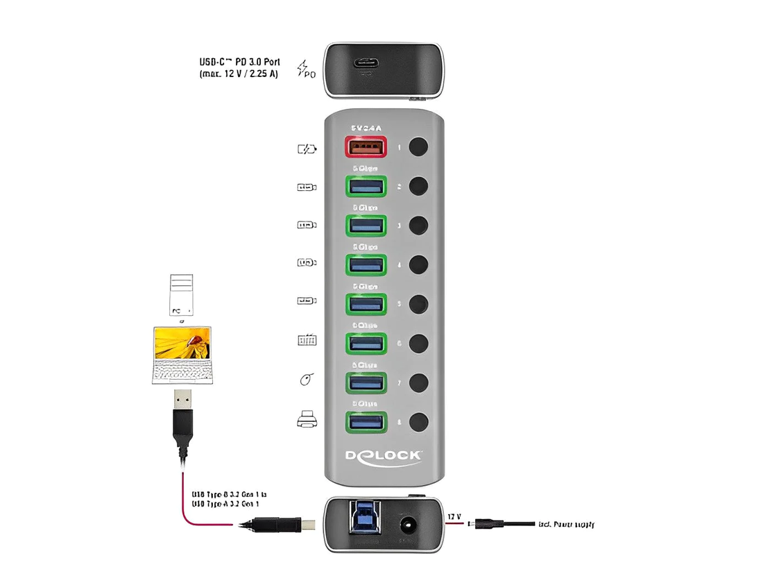 מפצל USB HUB מקצועי USB 3.2 Gen 1 PD עם 7 כניסות USB-A תומך בטעינה מהירה 5/12 וולט Delock