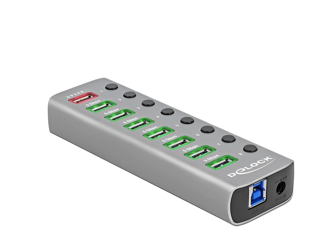 מפצל USB HUB מקצועי USB 3.2 Gen 1 PD עם 7 כניסות USB-A תומך בטעינה מהירה 5/12 וולט Delock