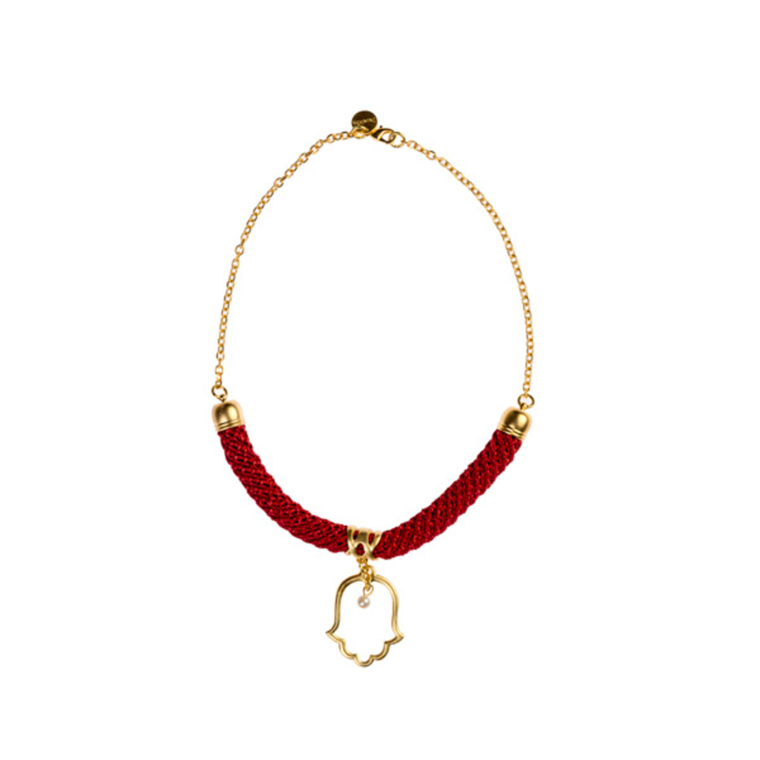 שרשרת סרוגה חמסה לאישה בעבודת יד עם פנינה | תכשיט אדום & זהב | דגם מזל