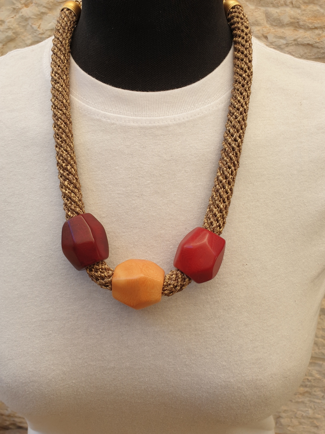 gold / bourdeaux and orange tagoa beads necklace