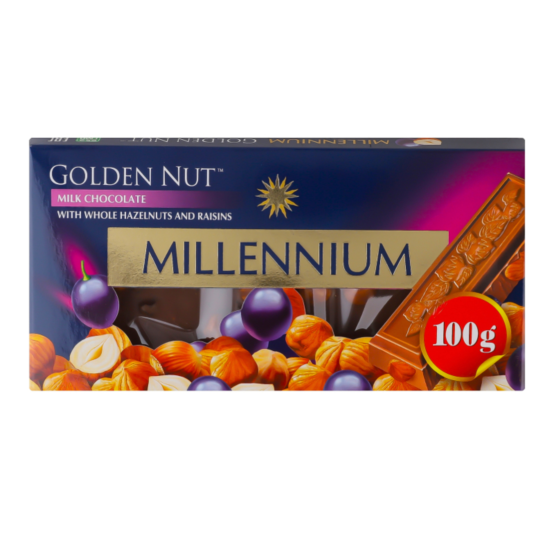 Millennium Milk Chocolate with Whole Hazelnuts @ Raisins 100grms