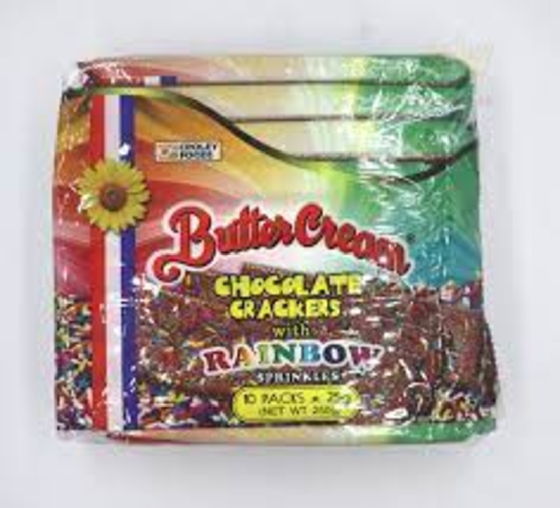 Butter Cream Chocolate Crackers with Butter Cream Chocolate Crackers with Rainbow ( 10 packs x 25 gRainbow ( 10 packs x 25 grms )