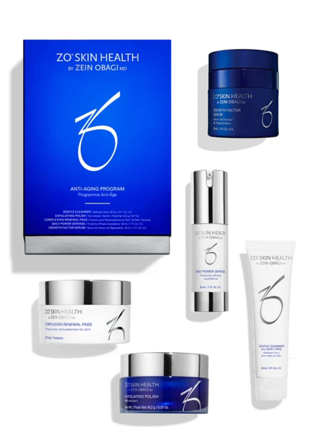 ערכת אנטי אייג'ינג ZO Skin Health עם סבון פנים, פילינג, פדים, Daily Power Defense וסרום Growth Factor