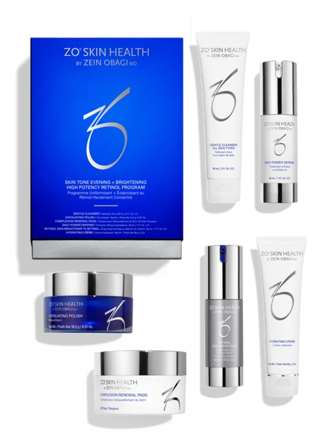 ערכת ZO Skin Health Skin Tone Evening + Brightening High Potency Retinol הכוללת 6 מוצרי טיפוח להבהרת העור עם רטינול 1%
