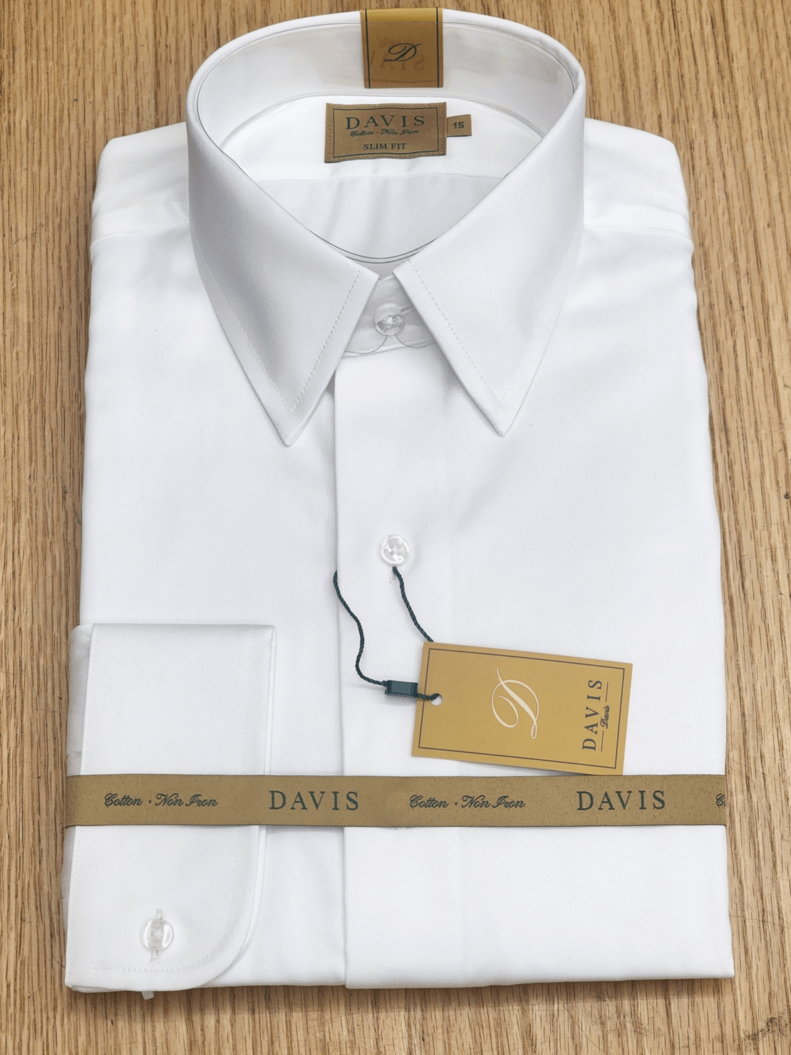 חולצת סאטן לבנה | צווארון אמריקאי | DAVIS | SLIM FIT |  ללא גיהוץ | סדרת GOLD LABEL