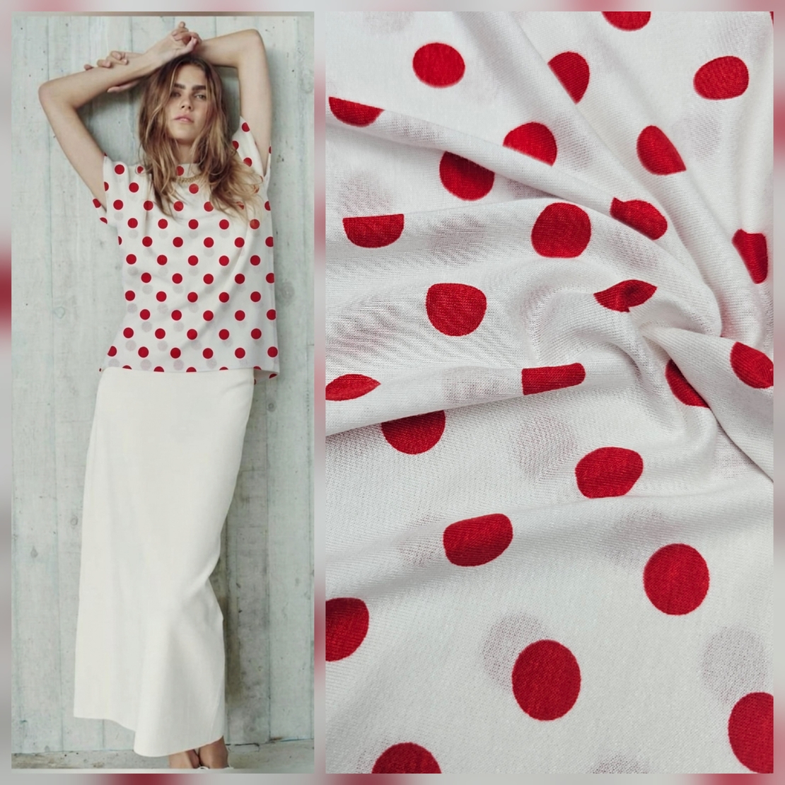 טריקו ויסקוזה דפוס נקודות אדומות על רקע לבן