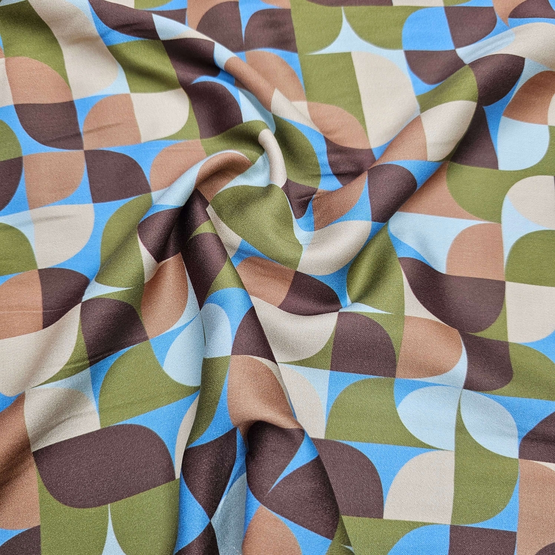 אריג ויסקוזה דפוס גאומטרי גווני ירוק בז חום דגם שרה