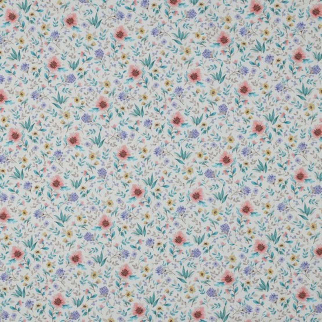 אריג כותנה דפוס פרחים דיגיטלי עדינים על רקע לבן