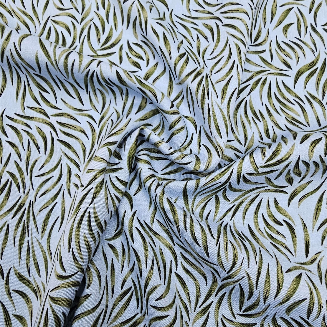 אריג ויסקוזה דפוס עלעלים מאורכים על רקע תכלת חלומי