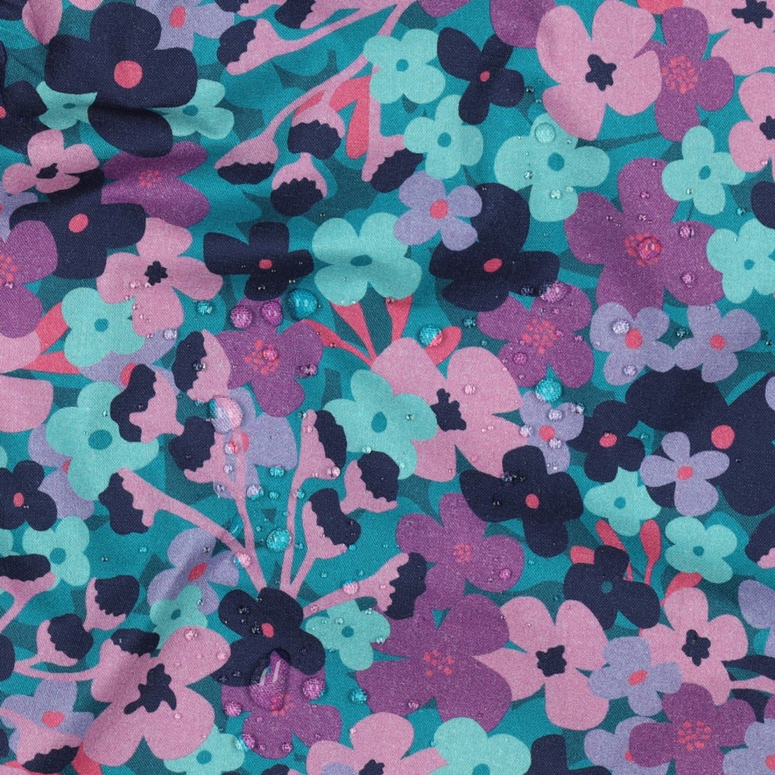 אריג כותנה עמיד במים דפוס פרחים גווני סגול פטרול ומנטה