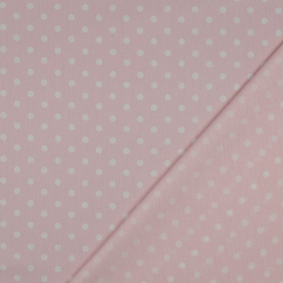 אריג כותנה נקודות לבן על רקע ורוד בייבי
