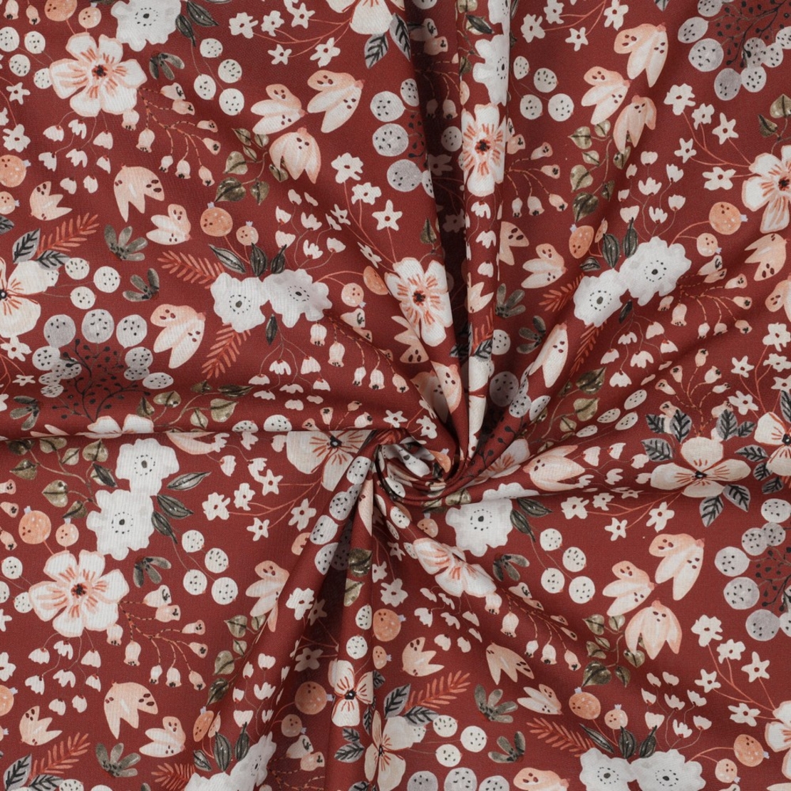 אריג כותנה דפוס פרחי בר על רקע בורדו מעושן