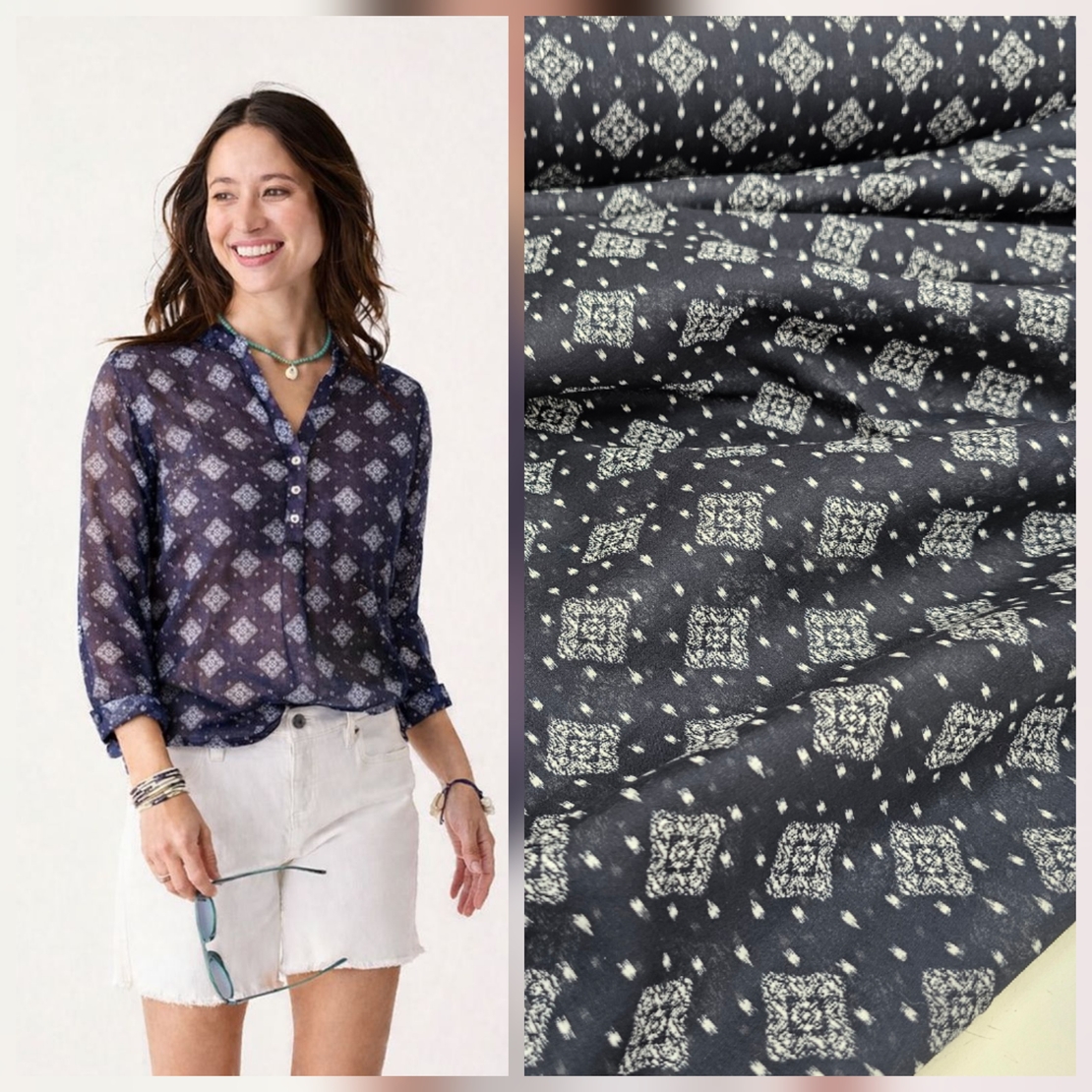 אריג כותנה וואל דפוס בוהו על רקע נייבי