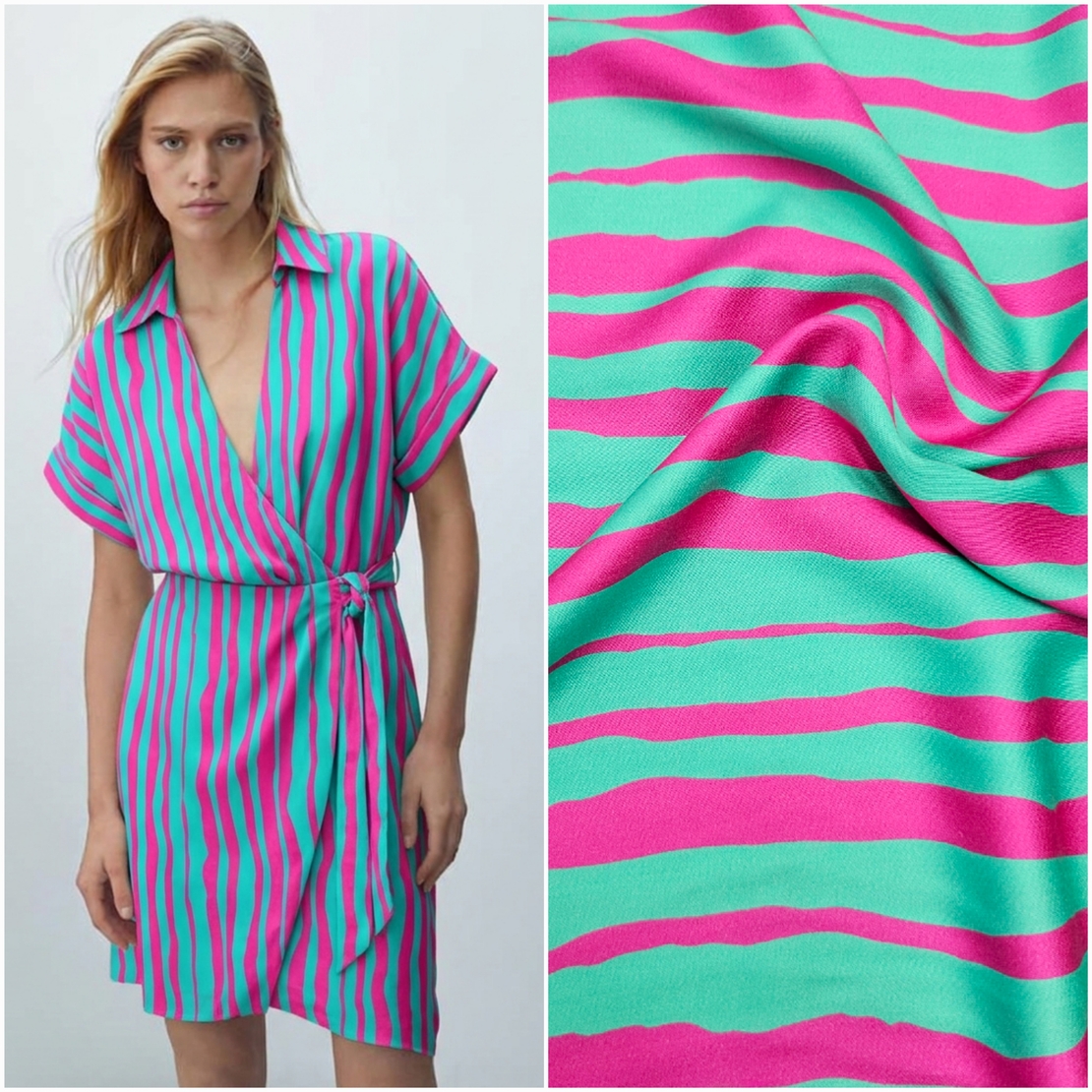 אריג ויסקוזה סטן דפוס פסים אסימטרים גווני מנטה ורוד