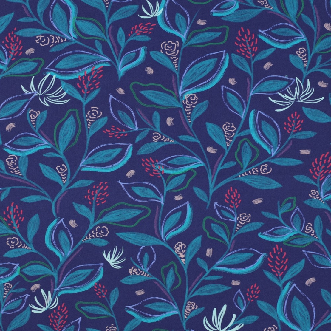 אריג כותנה דפוס עלים דיגיטלי על רקע קובלט