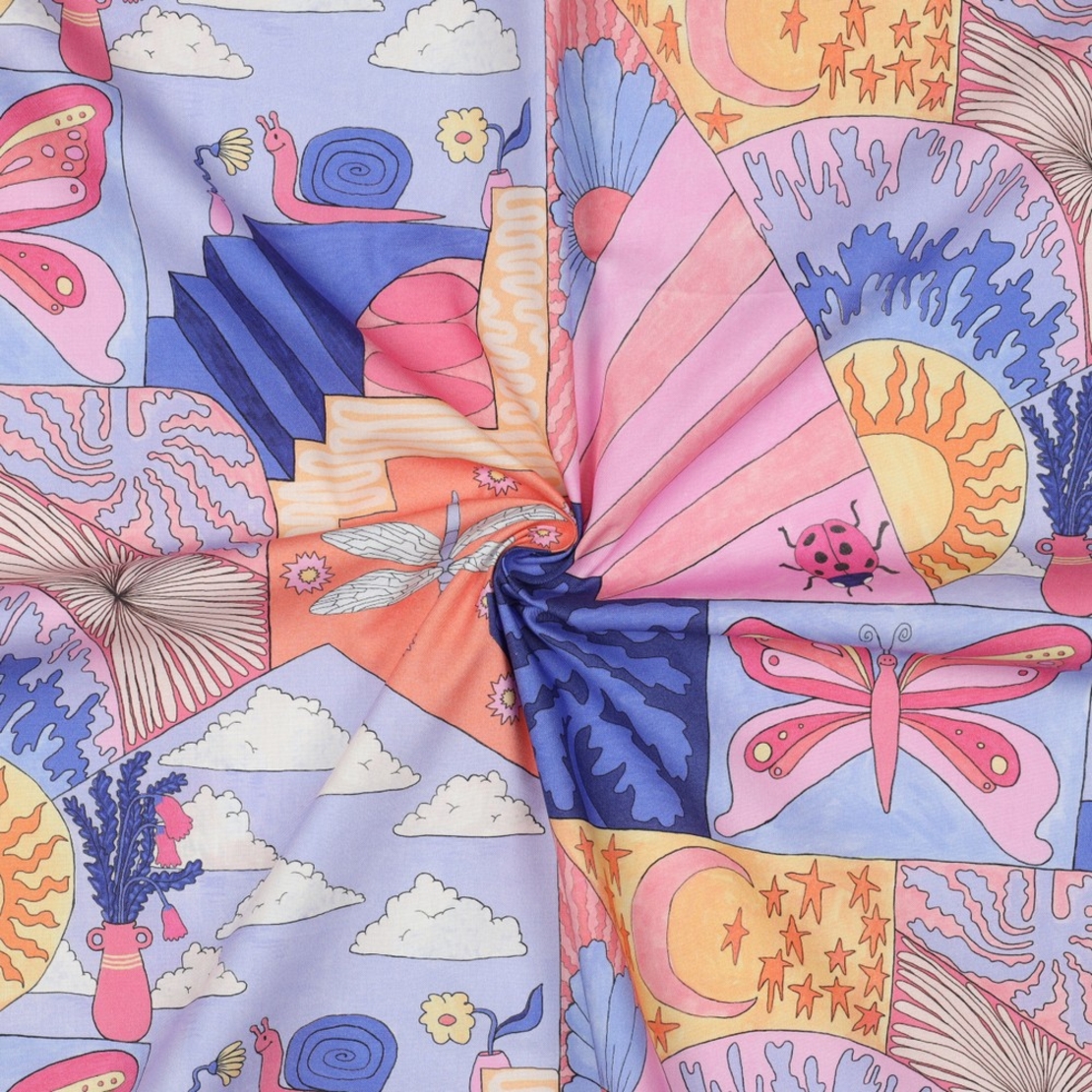 אריג כותנה דפוס דיגיטלי פרפרים וחיפושיות בגווני פסטל