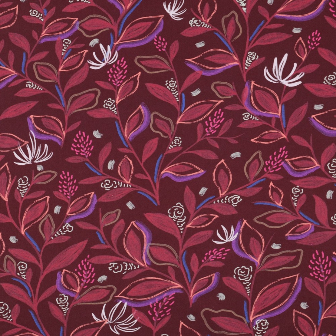 אריג כותנה דפוס עלים דיגיטלי על רקע בורגנדי