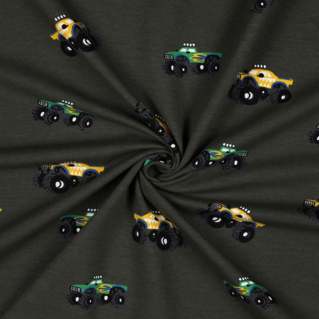 בד פוטר דפוס משאיות על רקע ירוק זית