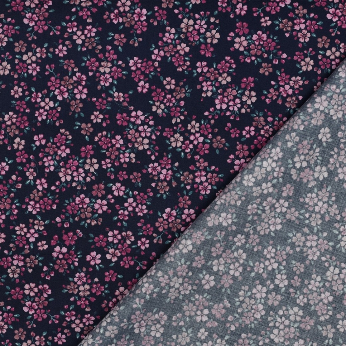 אריג כותנה דפוס פריחה אורבנית על רקע נייבי