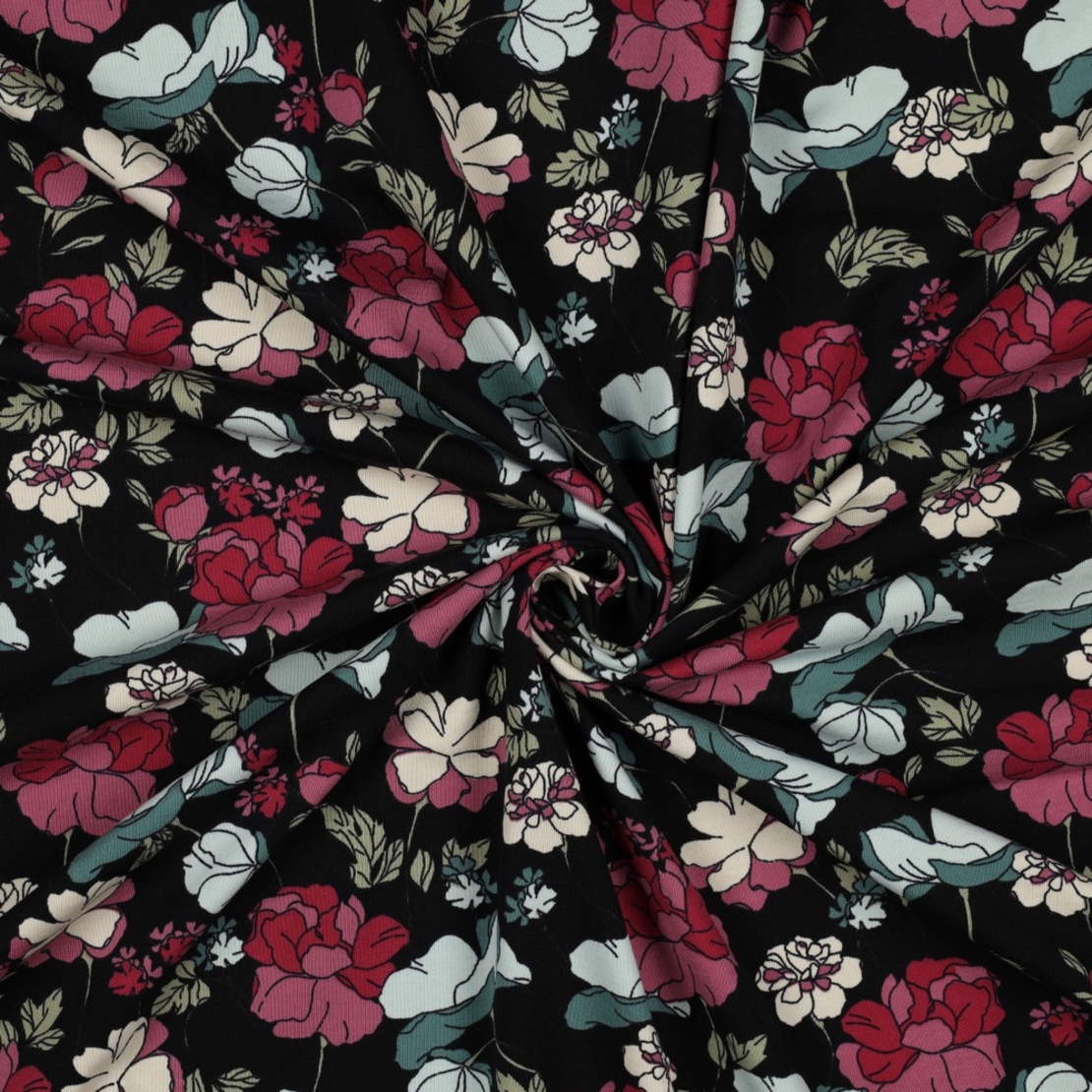 טריקו כותנה דפוס פרחים כפרי על רקע שחור