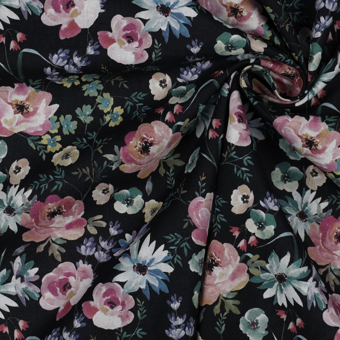 אריג כותנה דפוס פרחים בסגנון כפרי על רקע שחור