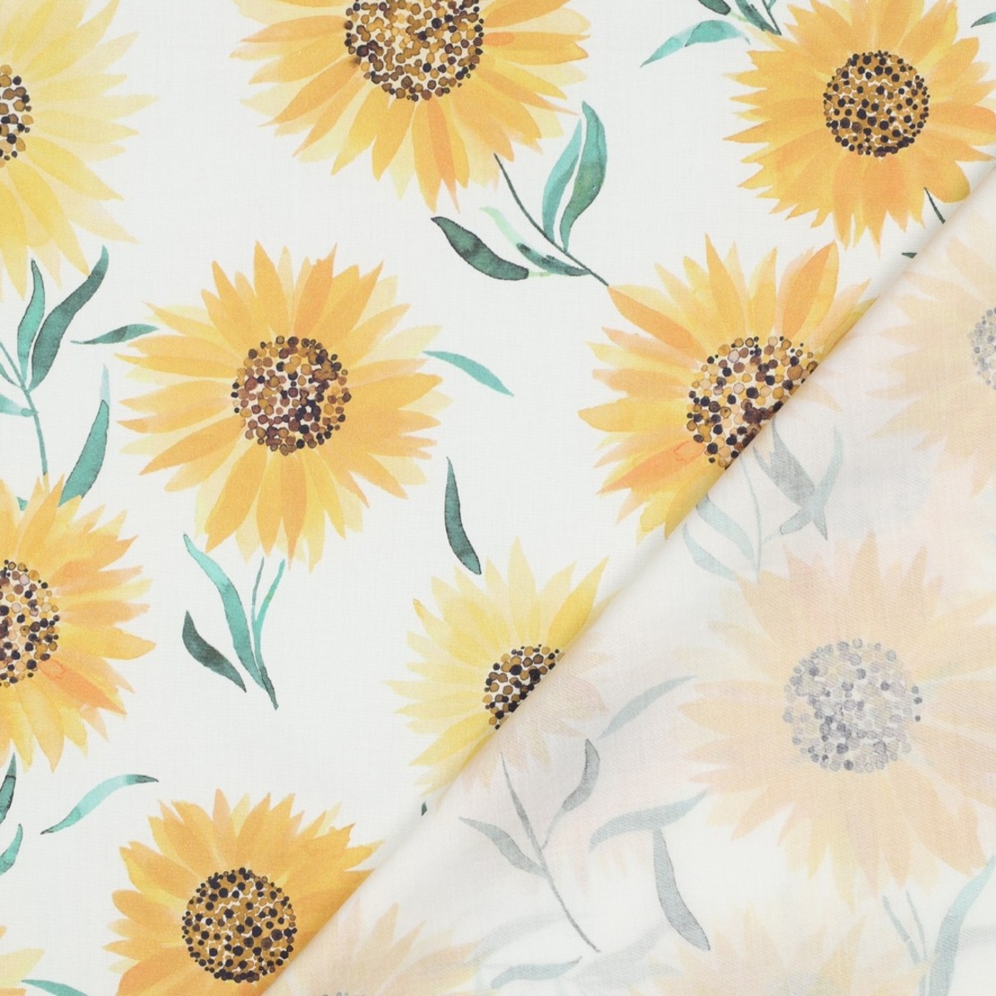 אריג כותנה דפוס פרחי חמניות על רקע לבן