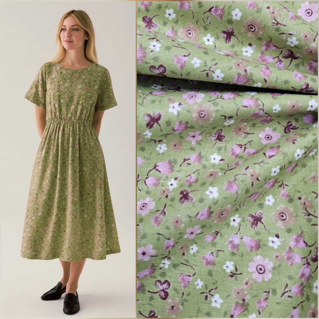 אריג כותנה דפוס פרחי פעמונית קטנים על רקע פיסטוק