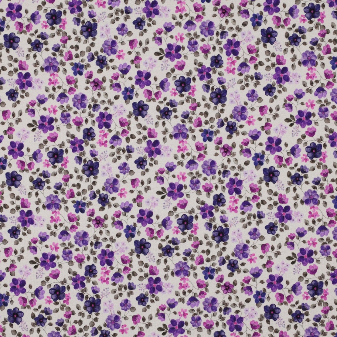 טריקו כותנה אורגני דפוס סיגליות על רקע לבן