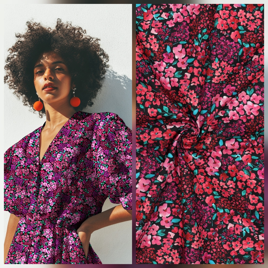 אריג כותנה דפוס פריחה מרהיבה על רקע שחור